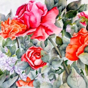 Watercolour painting of a rose garden by Jackie Coldrey